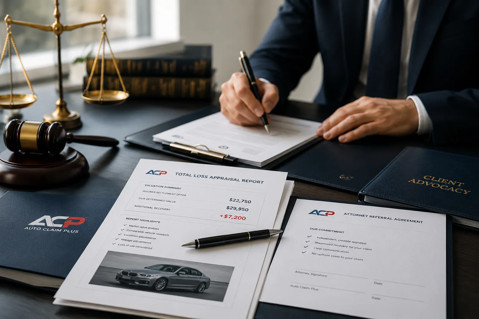 Attorney reviewing an independent vehicle appraisal report