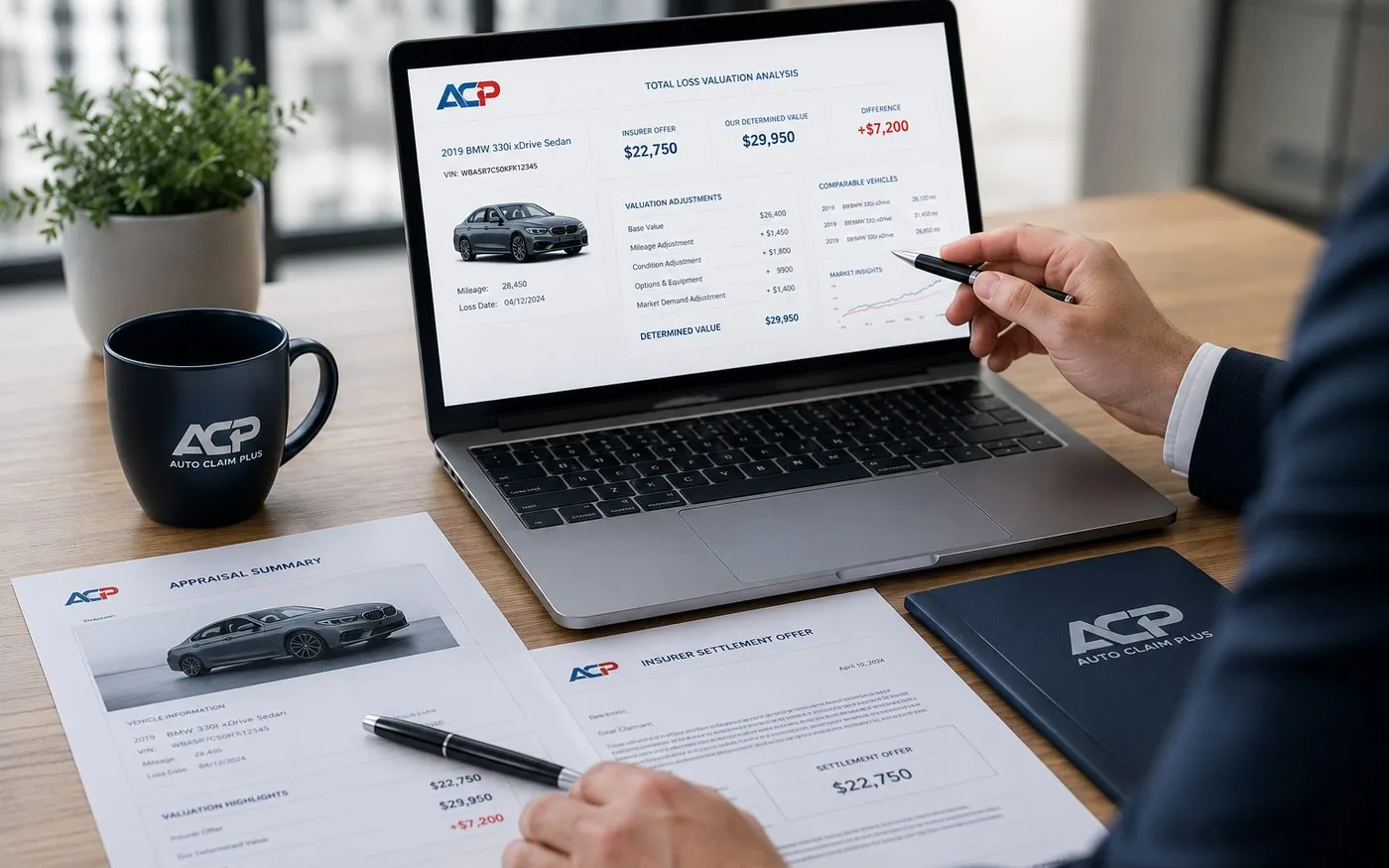 Reviewing a vehicle valuation report alongside an insurance appraisal